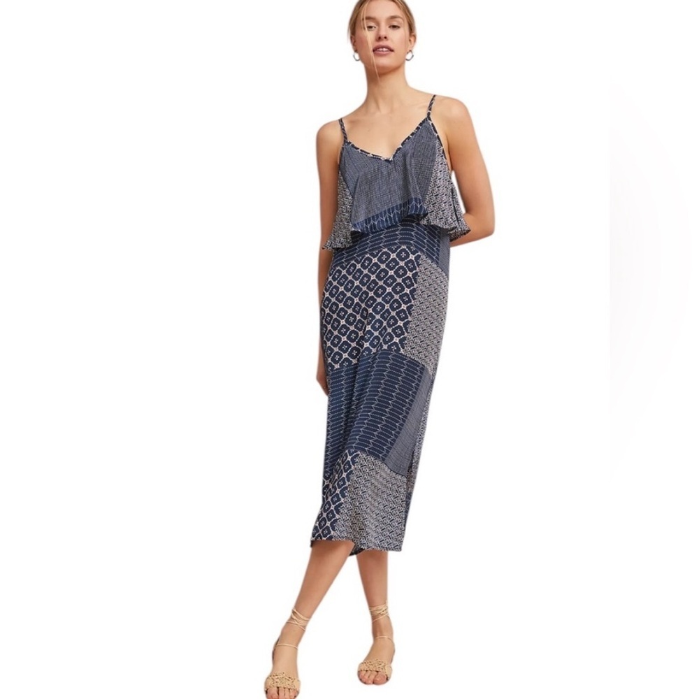 NWT Anthropologie Tolani Patchwork Tank Flounced Midi Dress Navy Size XS